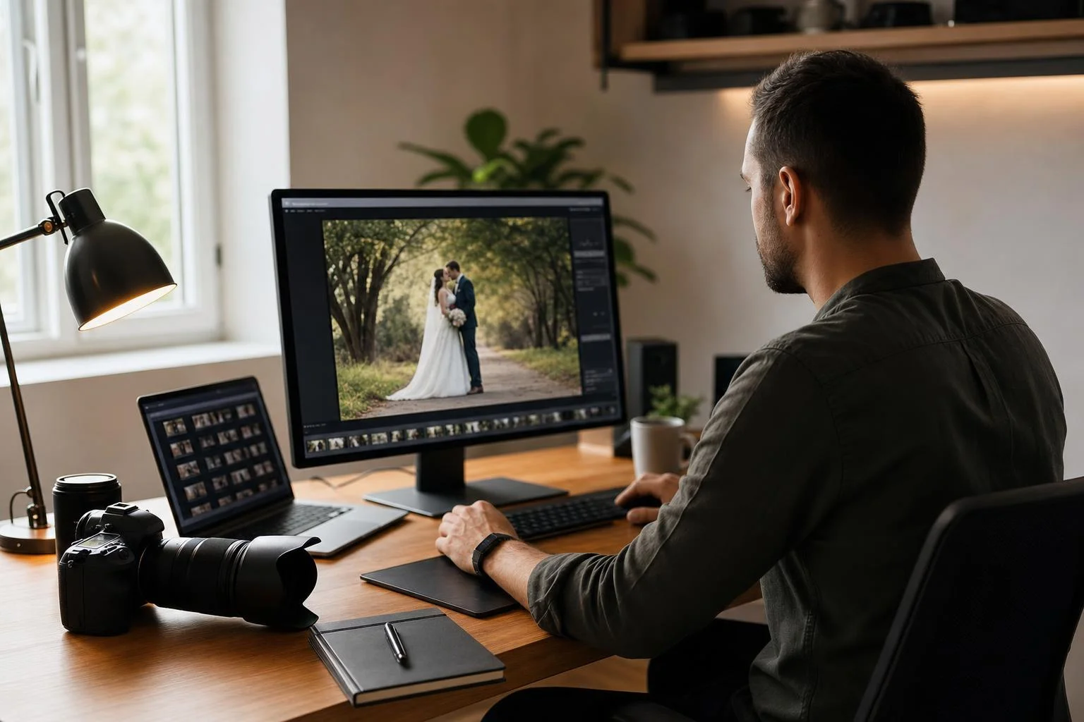 Fotograf za računalom obrađuje fotografije s vjenčanja u foto studiju